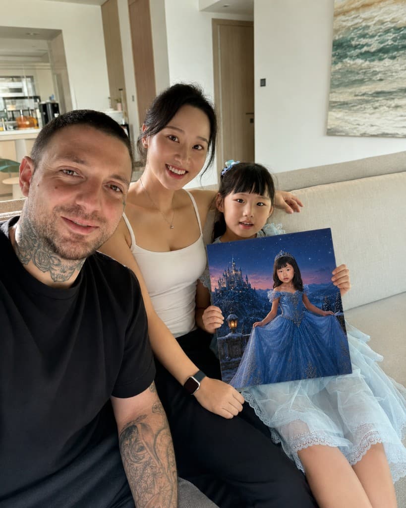 Alain, Yewon, and Alison holding Alison’s princess portrait.